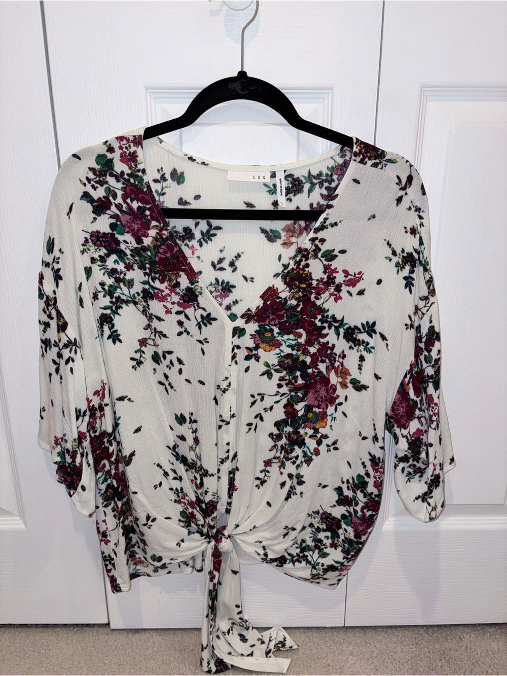 Women's Cream Floral Tie-Front Top